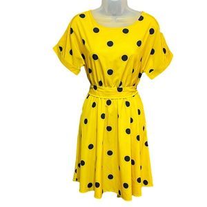 SHEIN yellow with black polka dots sz small dress with ribbon tie belt